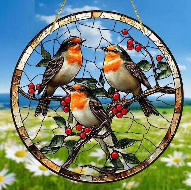 Raamhanger drie levendige roodborstjes 20cm, Tuin en Terras, Tuinwanddecoratie, Verzenden, Nieuw