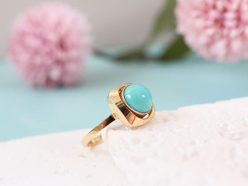 18 Karaat Gouden Dames Ring Met Turquoise Edelsteen, Ophalen of Verzenden, Zo goed als nieuw, 17 tot 18, Met edelsteen