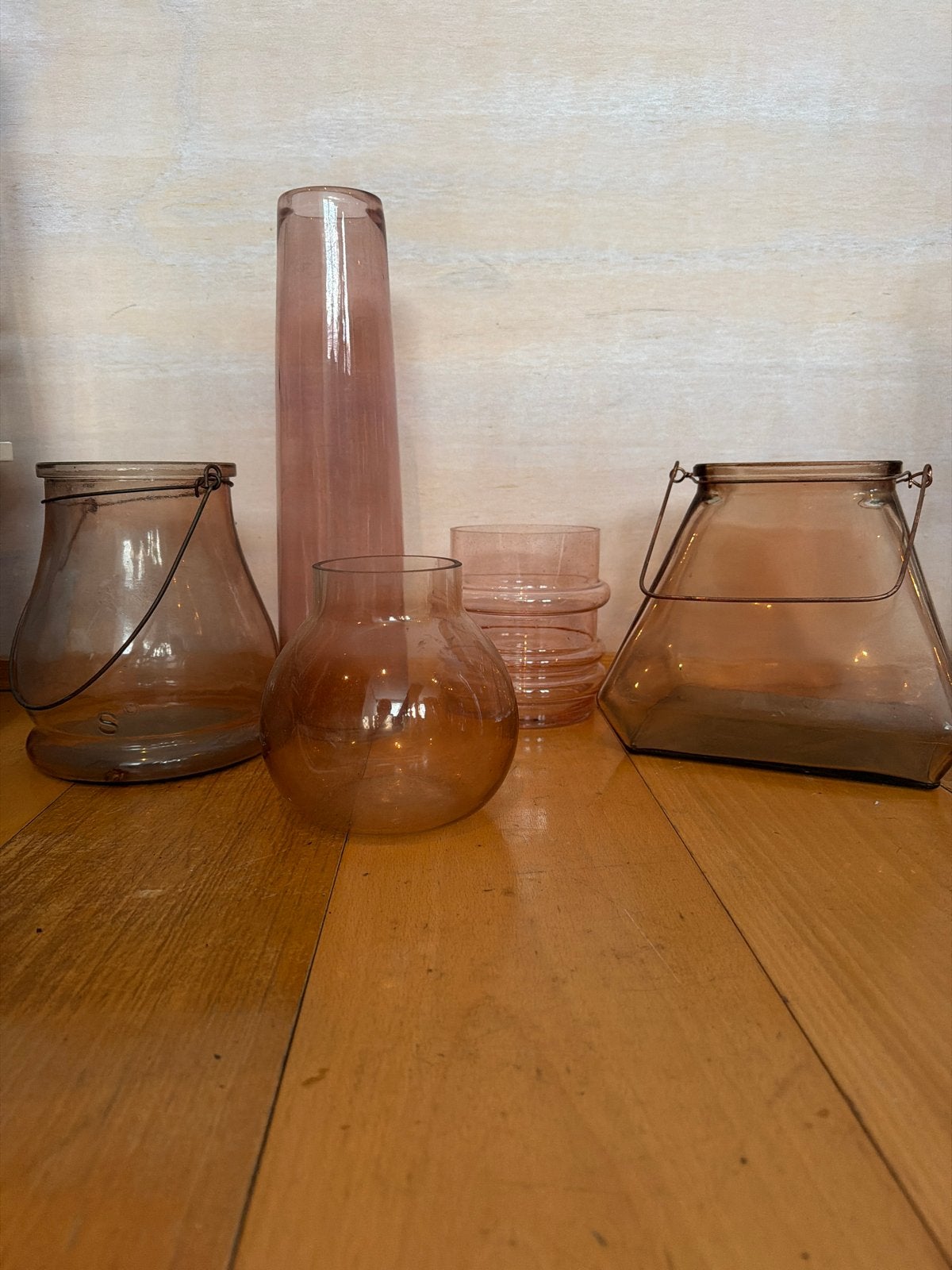 Set van 5 rozige glazen vazen en windlichten, Ophalen, Roze
