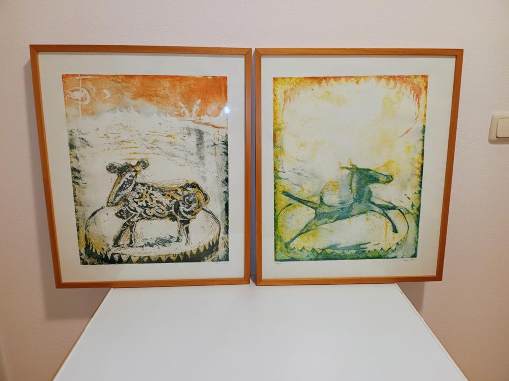 Set van 2 ingelijste zeefdrukken van een primitief dier, Ophalen