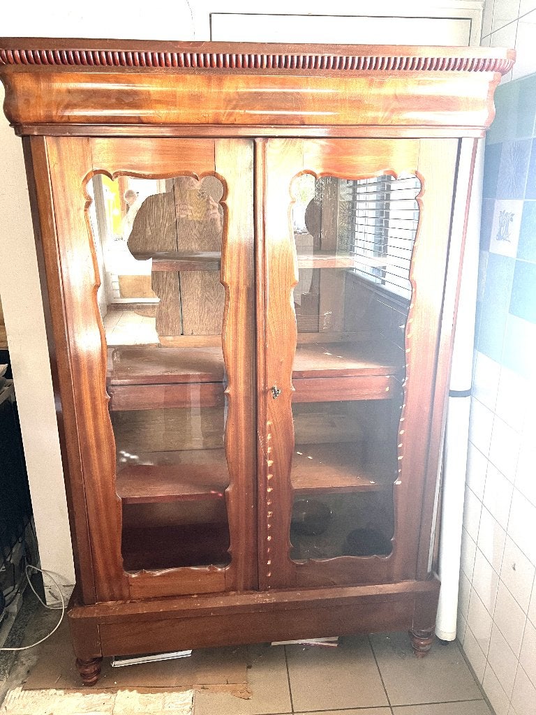 Antieke servieskast met planken en lades, Huis en Inrichting, Antiek, Gebruikt, Glas, Ophalen of Verzenden