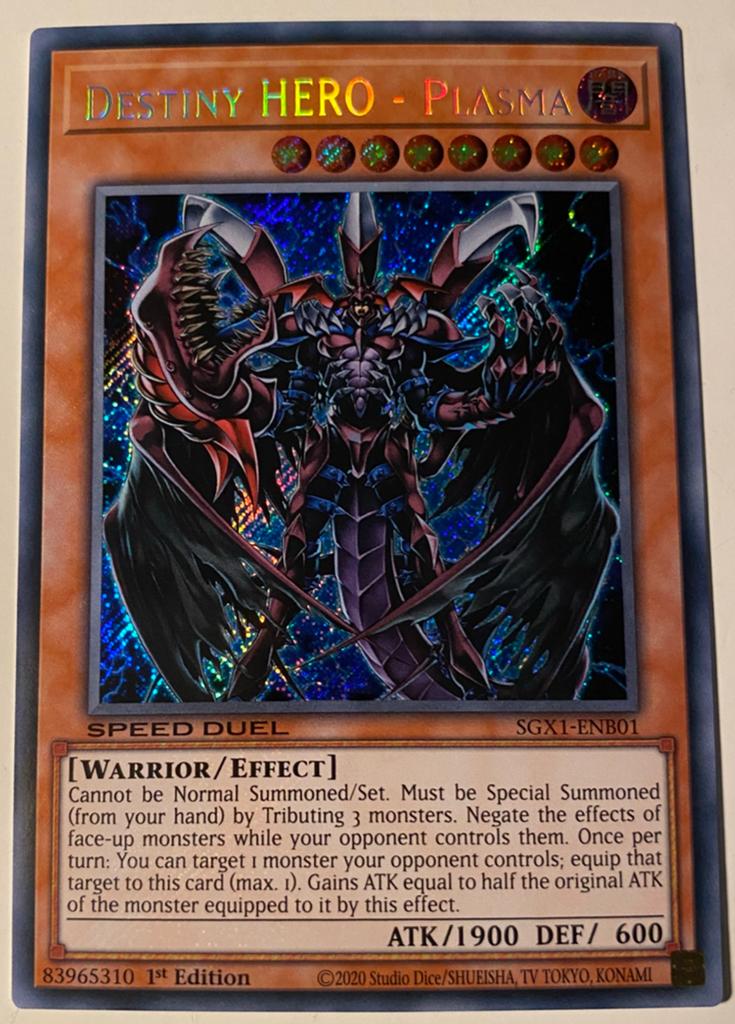 Yu-Gi-Oh! Destiny HERO - Plasma SGX1 1st Edition !, Ophalen of Verzenden, Zo goed als nieuw, Losse kaart, Foil
