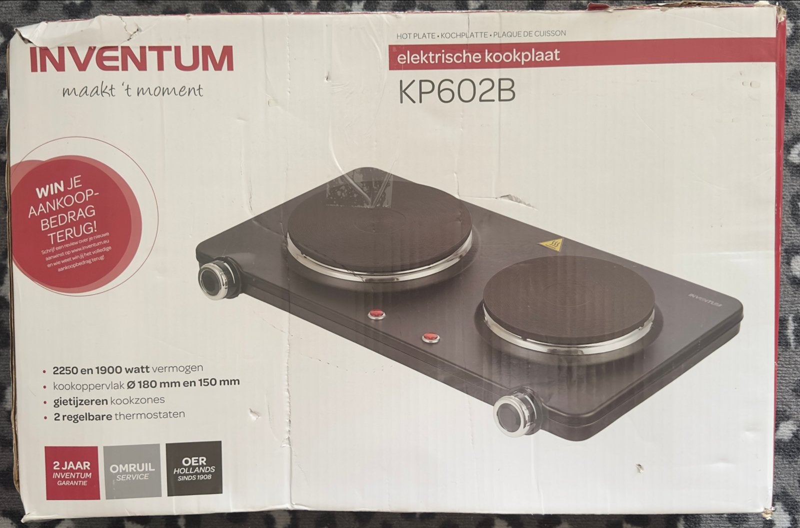 Inventum KP602B Elektrische Kookplaat - 2 Kookzones, Ophalen, Nieuw, 3 kookzones of minder, Vrijstaand