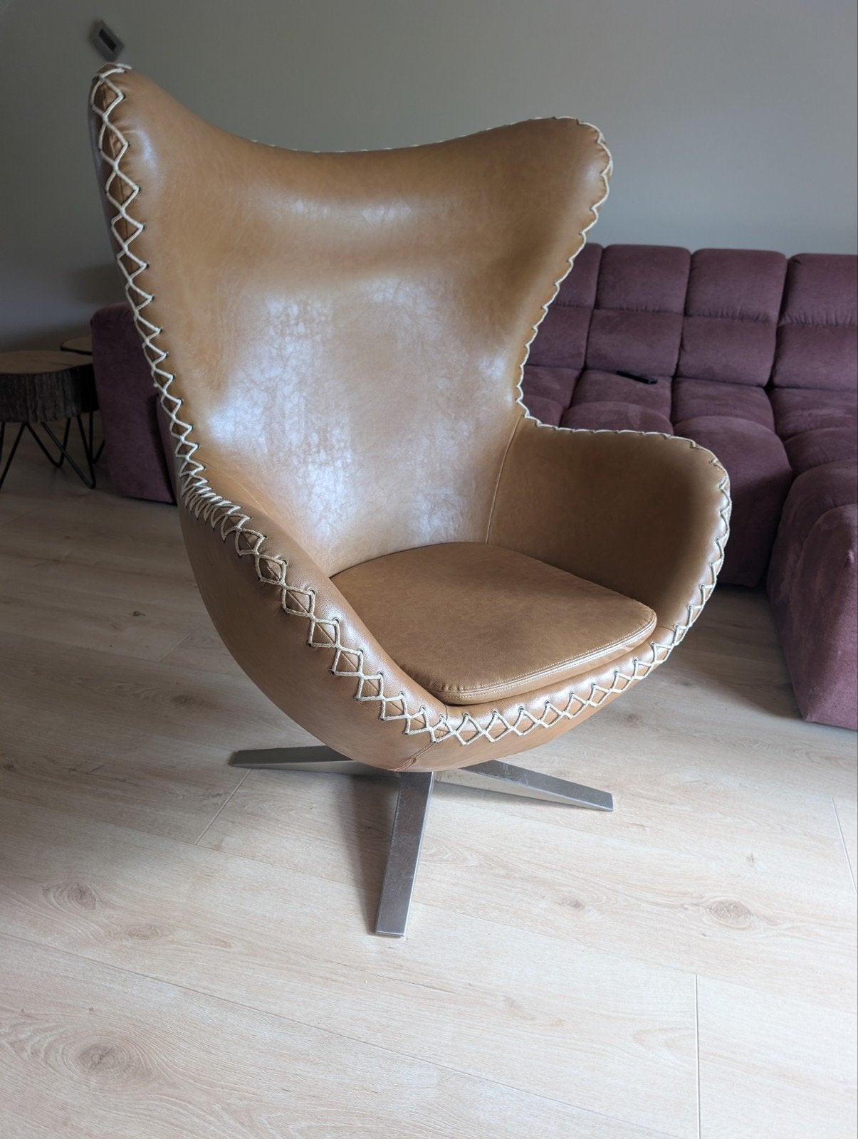 Leren Egg Chair - Draaistoel - Cognac kleur, Bruin, Modern, Design, Retro, Ophalen of Verzenden, Zo goed als nieuw