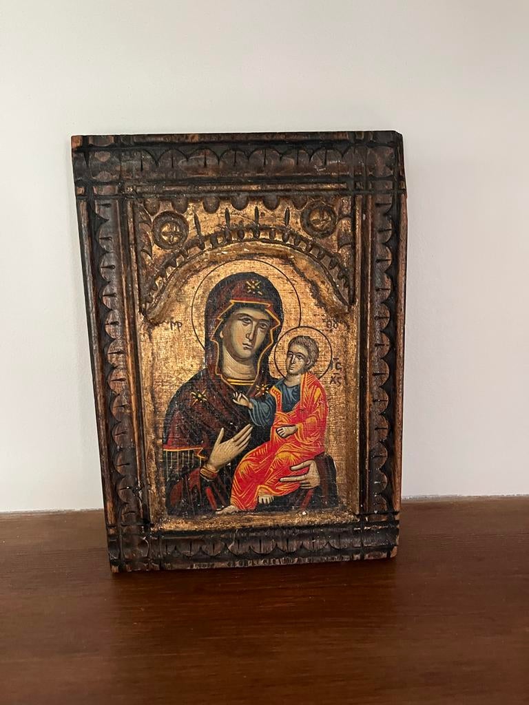 Houten Icoon- ikoon Grieks orthodox Moeder Gods met Kind, Antiek en Kunst, Ophalen