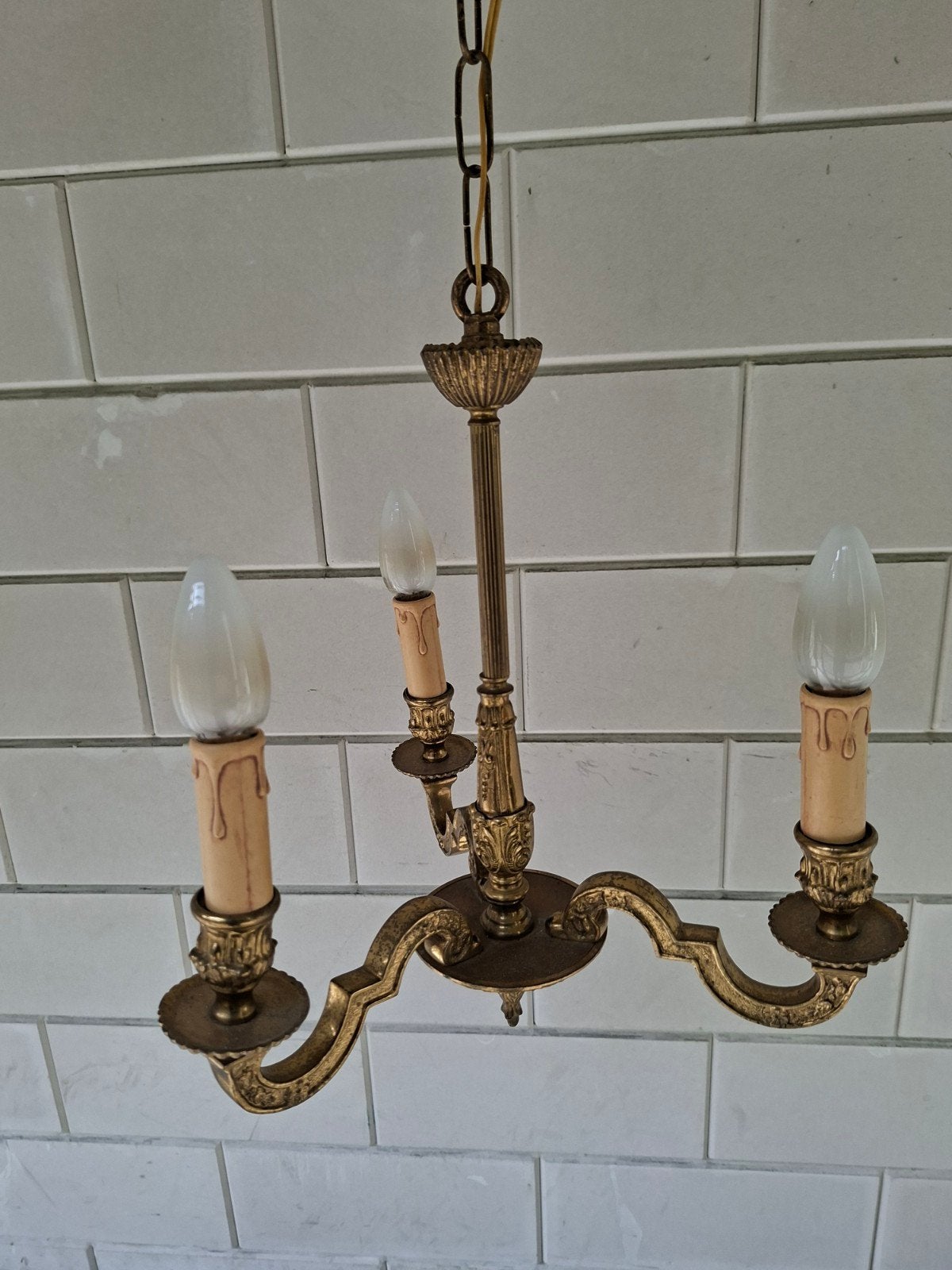 Antieke bronzen kroonluchter met 3 armen, Huis en Inrichting, Gebruikt, E14 (klein), Ophalen of Verzenden, Klassiek, Antiek, Vintage