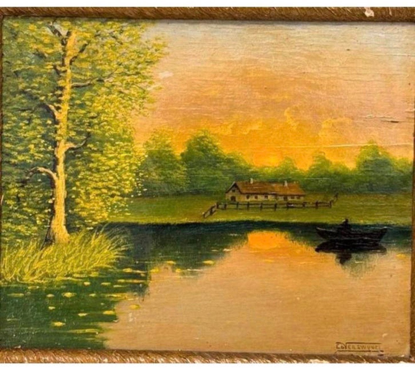 EDVER SWYVEL - Schilderij landschaps scène zonsondergang, Antiek en Kunst, Ophalen of Verzenden, Landschap