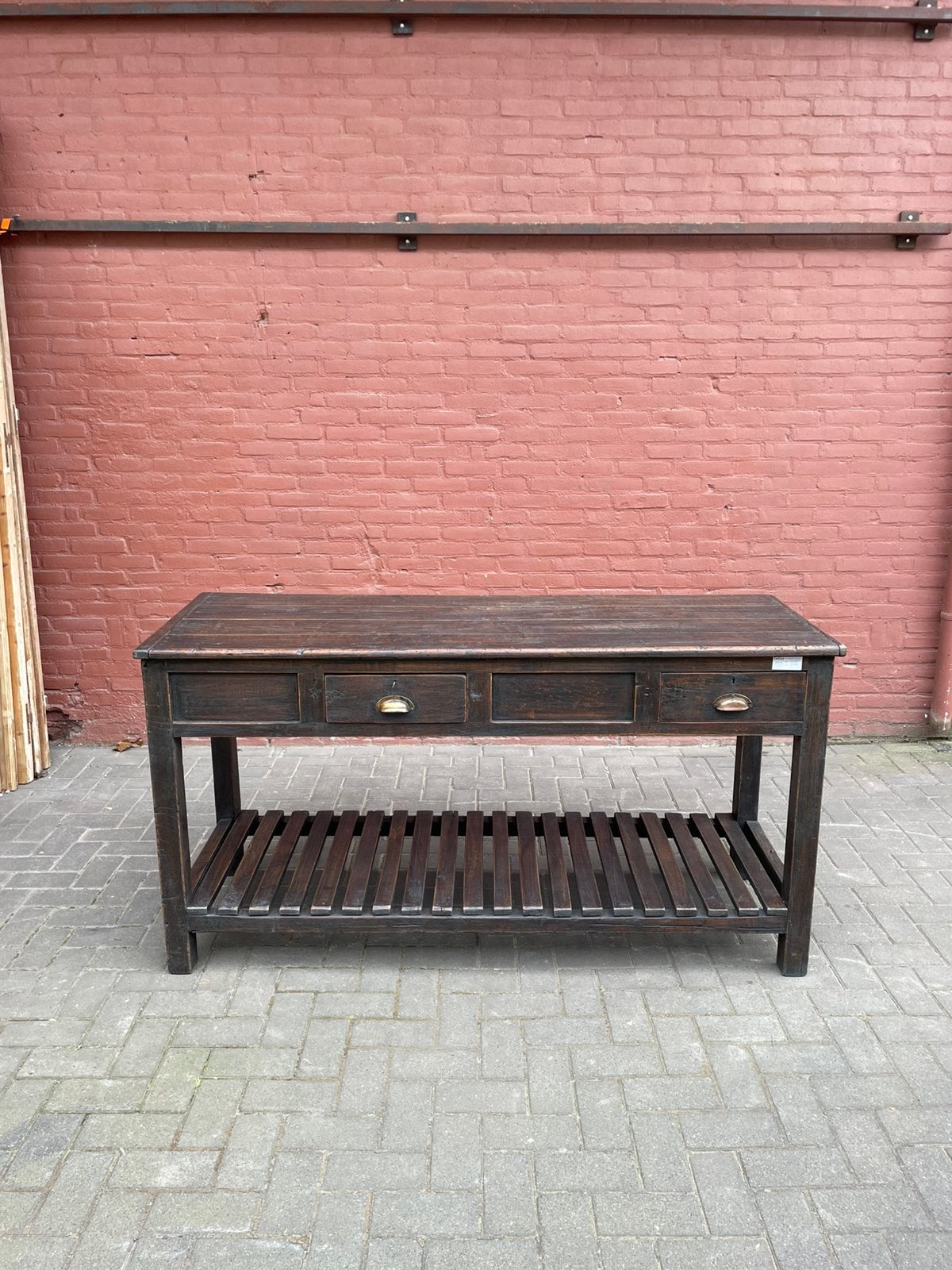 Antieke teakhouten sidetable met 2 lades en plateau, Ophalen of Verzenden, Zo goed als nieuw