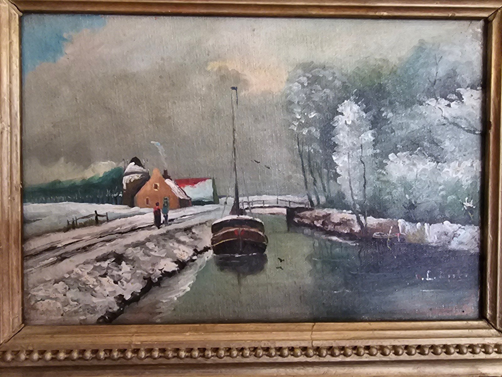 Schilderij Winterlandschap met schip en figuren, Ophalen of Verzenden