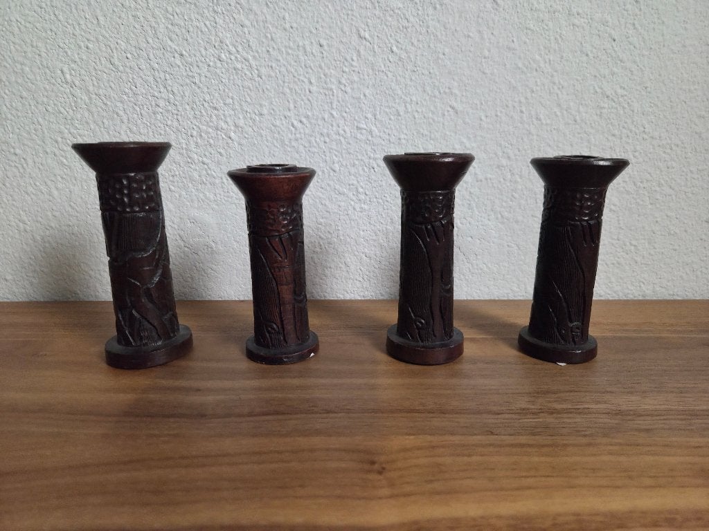 Nieuw 4x houten teak kandelaars — handgesneden stijl, Ophalen, Overige materialen