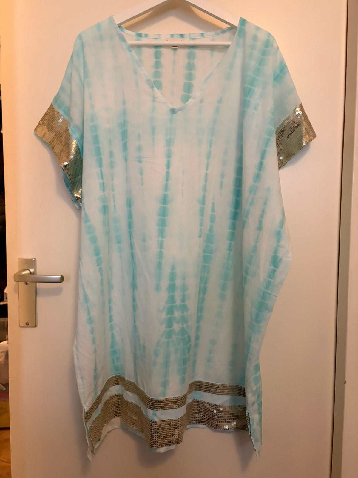 Ibz mode boho ibiza kaftan turquoise wit paillet katoen, Kleding | Dames, Verzenden, Wit, Maat 42/44 (L), Nieuw