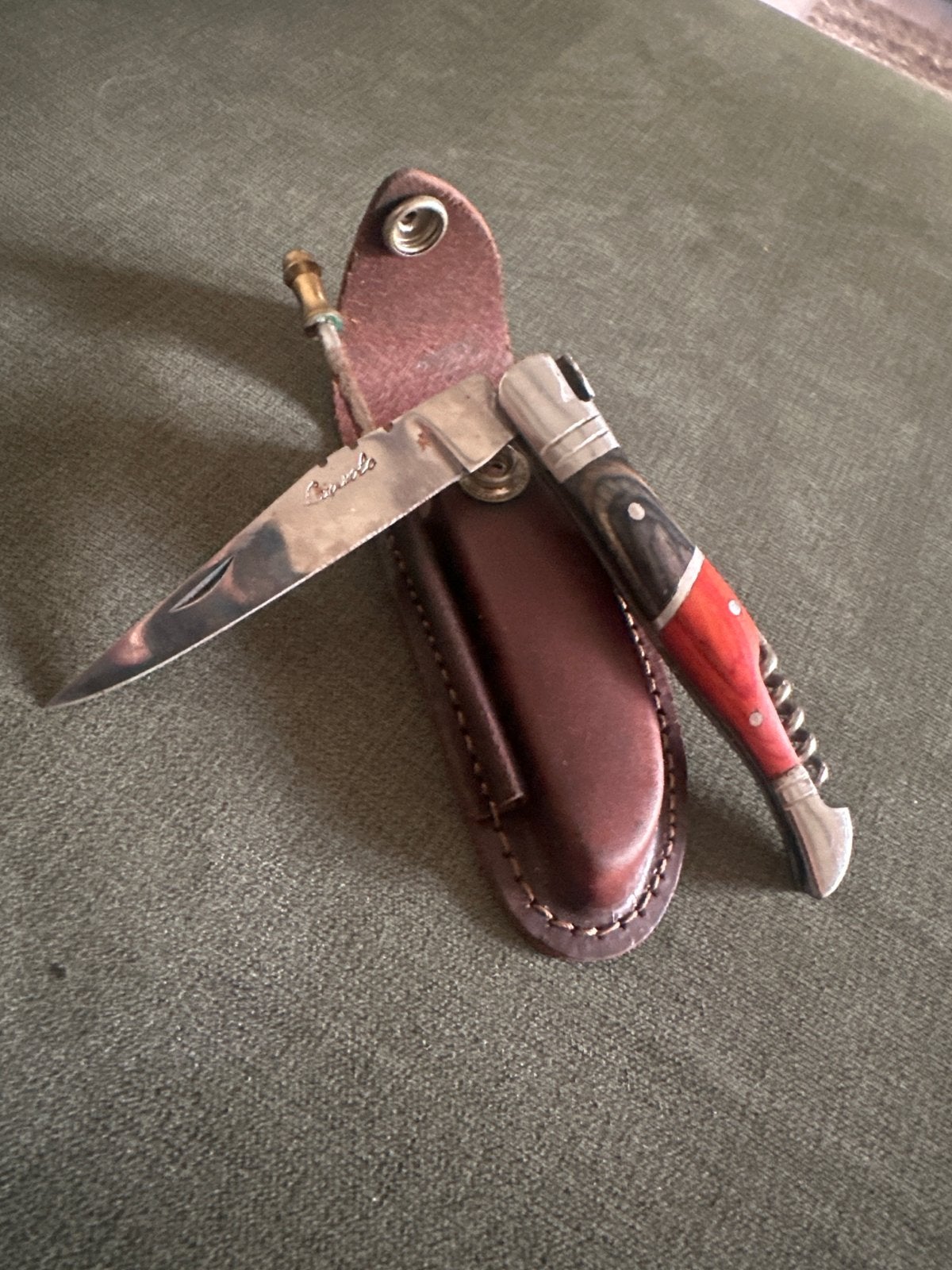 Laguiole zakmes met kurkentrekker en lederen etui, Ophalen of Verzenden