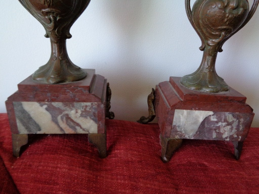 Antieke kandelaars met geaderd marmer en brons - SET, Ophalen, Koper of Brons
