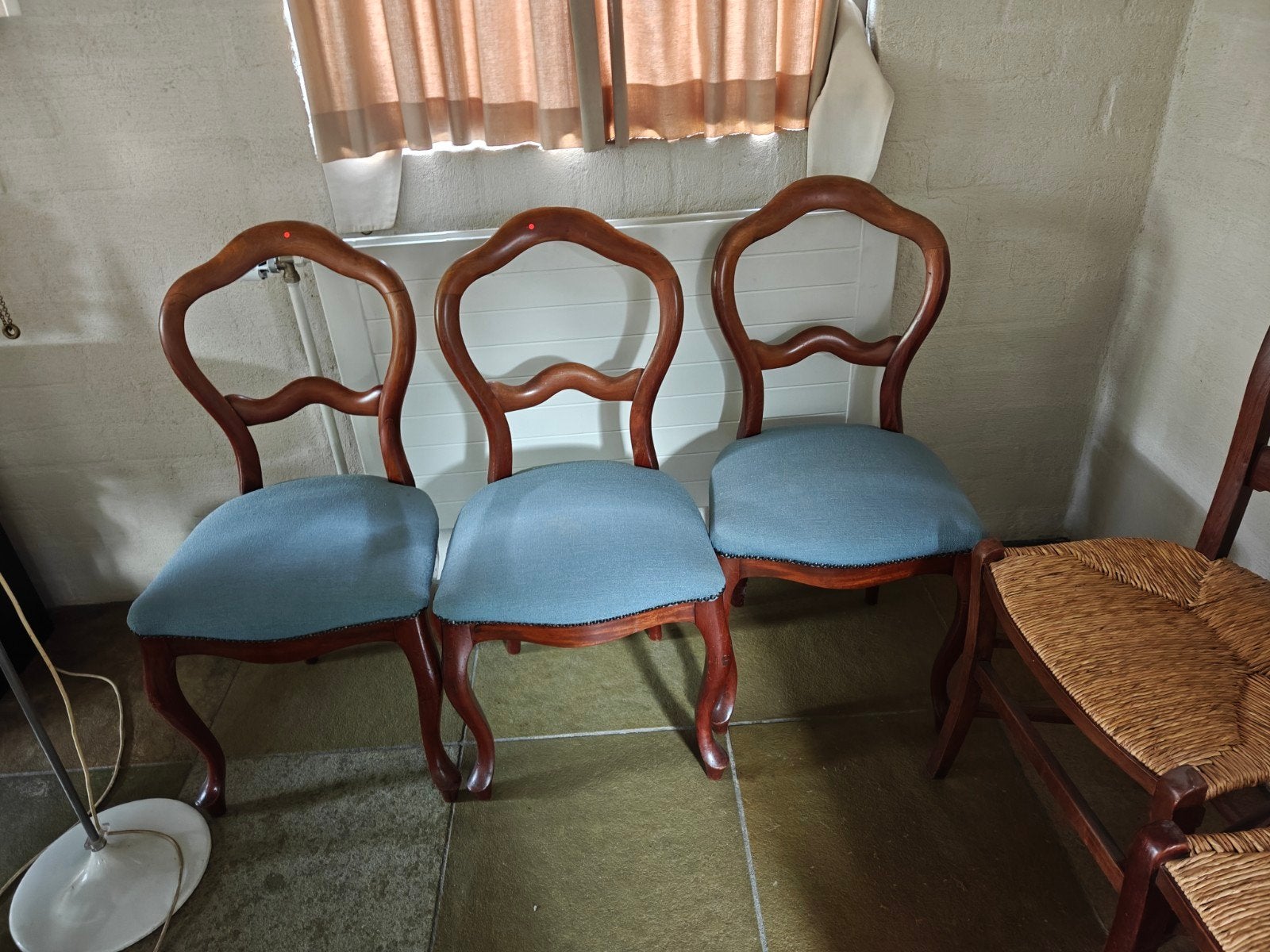 Set van 3 Antieke Houten Stoelen met Blauwe Bekleding, Ophalen