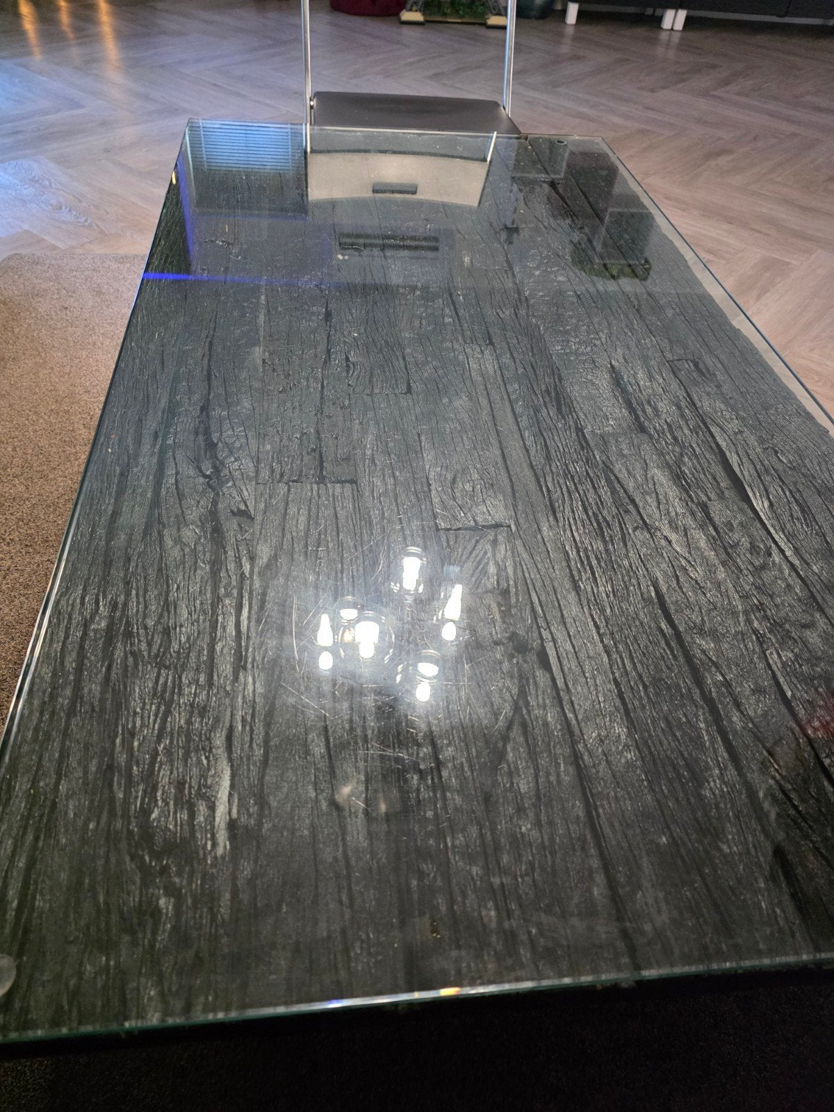 Salontafel met glazen blad en stalen onderstel, Huis en Inrichting, Ophalen of Verzenden, Gebruikt, Overige houtsoorten