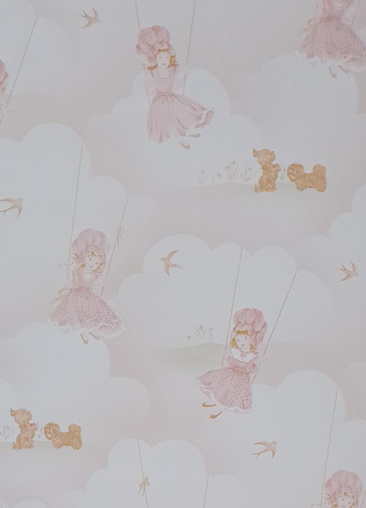 13653 Vintage kinderbehang met schommel en wolken swiet, Verzenden, Minder dan 10 m², Wit