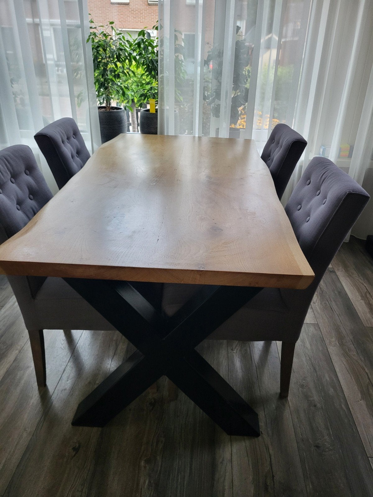 Eikenhouten boomstam eettafel met 4 stoelen, Ophalen, Modern, Industrieel, Landelijk, 50 tot 100 cm, Zo goed als nieuw