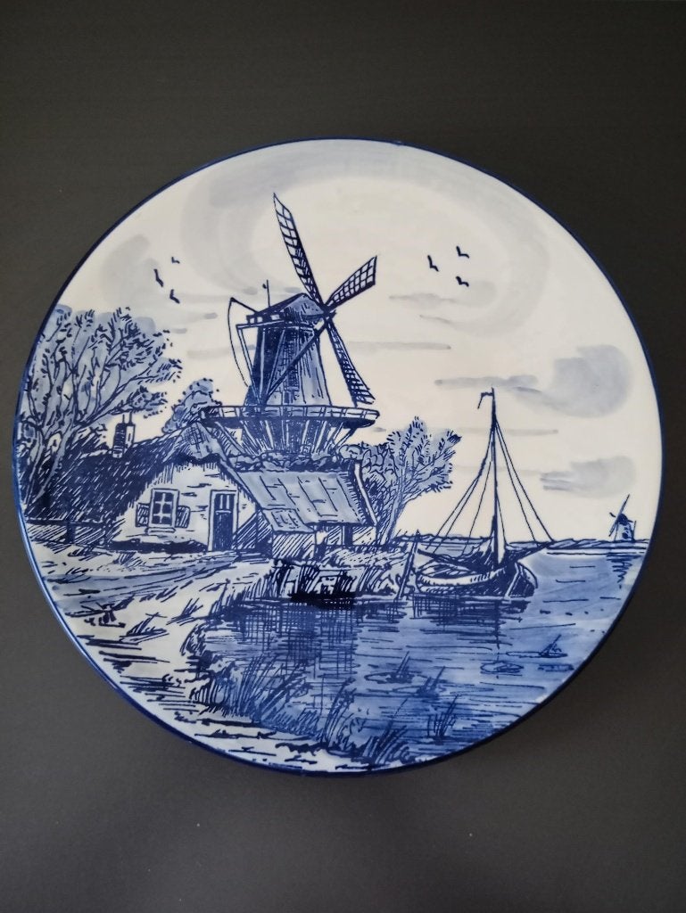 Vintage Delfts blauw handbeschilderd sierbord molen 26 cm, Ophalen of Verzenden