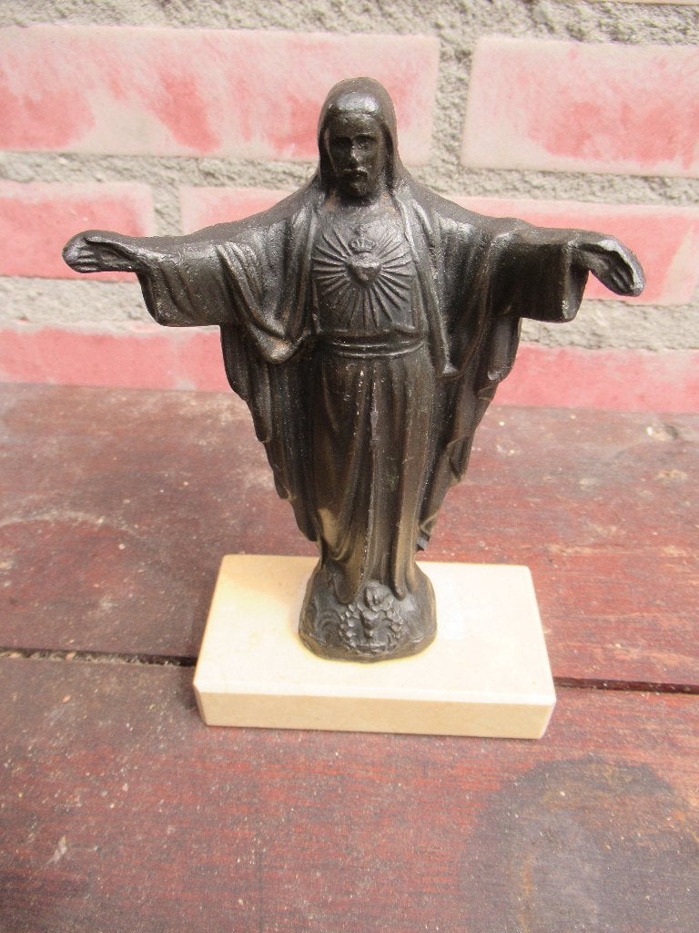JEZUS BEELD Brons op marmeren sokkel 17 cm hoog 10 cm breed, Ophalen of Verzenden