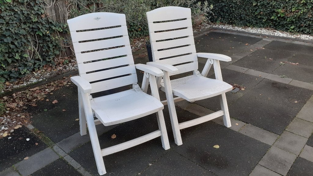 Tuinstoelen 2 stuks verstelbaar, Ophalen, Gebruikt, Kunststof, Inklapbaar