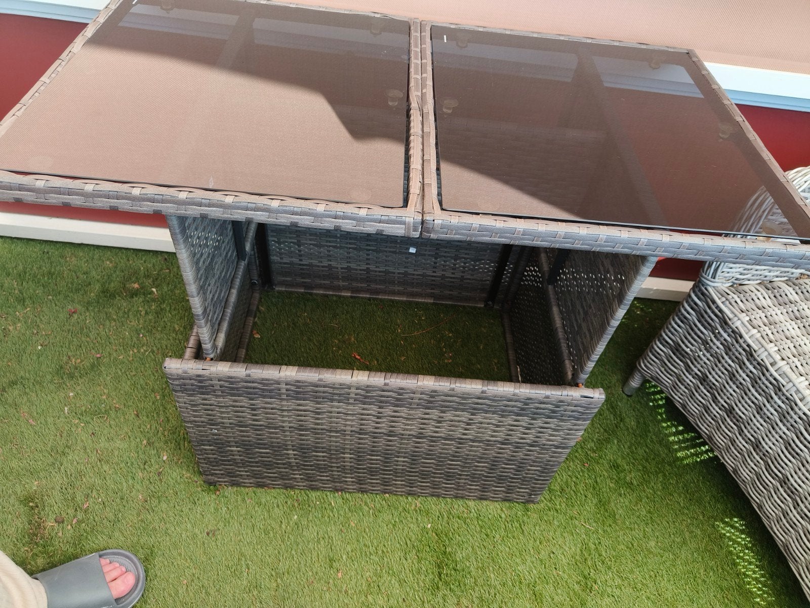 Wicker tuintafel met glazen blad, Tuin en Terras, Tuintafels, Ophalen, Gebruikt, Rechthoekig, Wicker