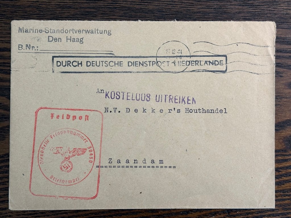 Poststuk Duitse Dienstpost NL WO2, Feldpost Marine Den Haag, Verzenden, Envelop