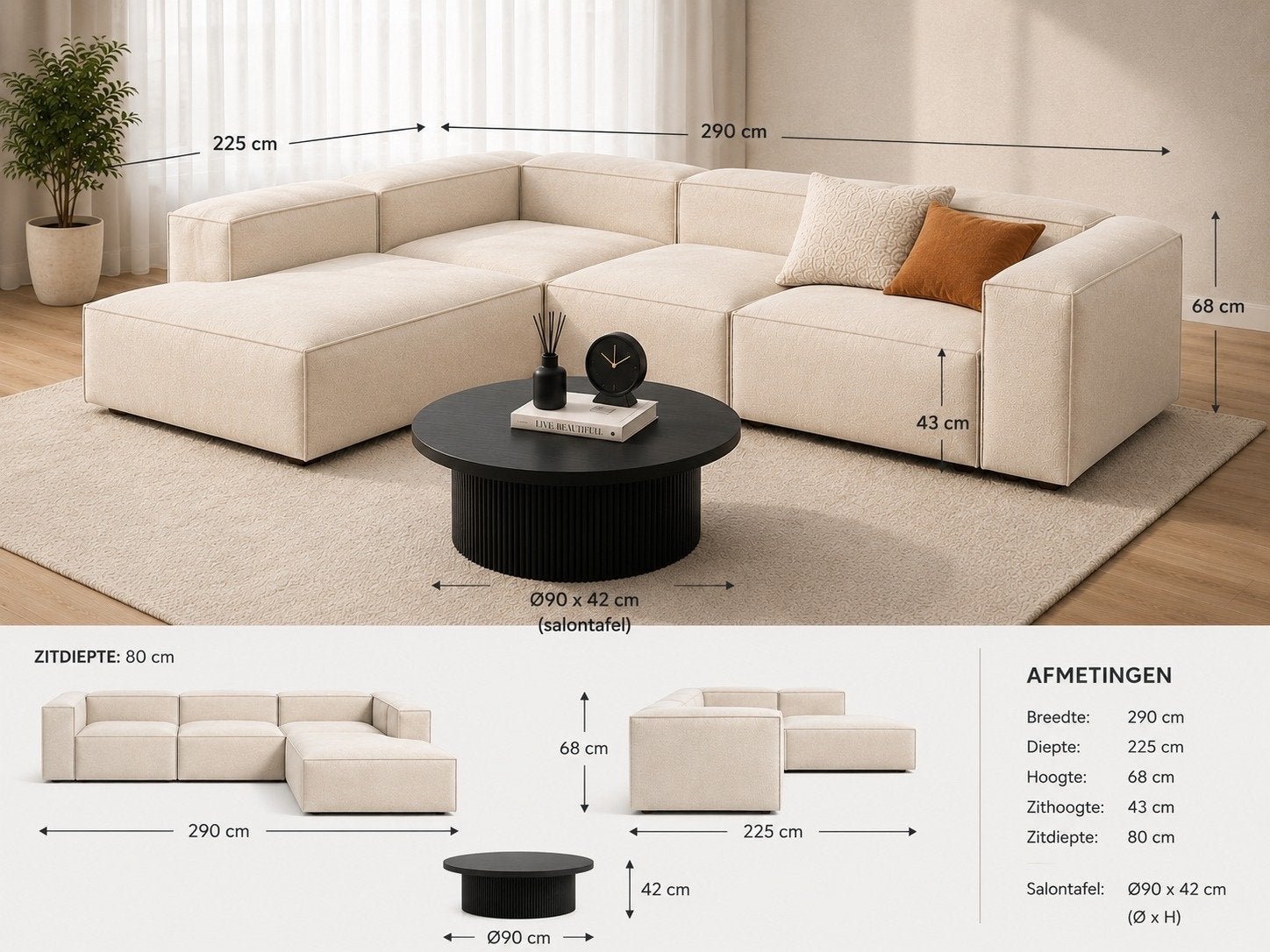 Moderne Hoekbank met Salontafel - Links of Rechts Zitting, 250 tot 300 cm, 100 tot 125 cm, Hoekbank, Ophalen of Verzenden