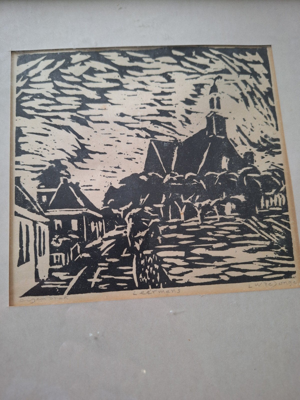 Linosnede 'Leermens' door Louis Wiardes de Jonge, Antiek en Kunst, Ophalen of Verzenden