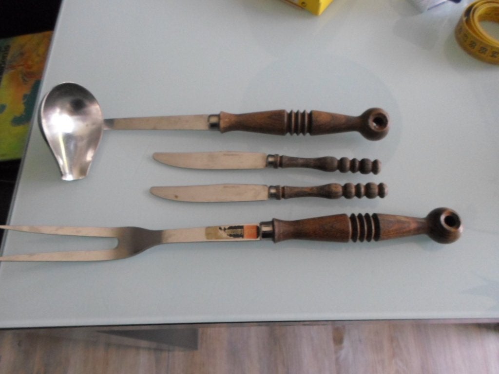 sauslepel vleesvork 2 messen, Ophalen of Verzenden, Gebruikt, Overige materialen, Los bestek