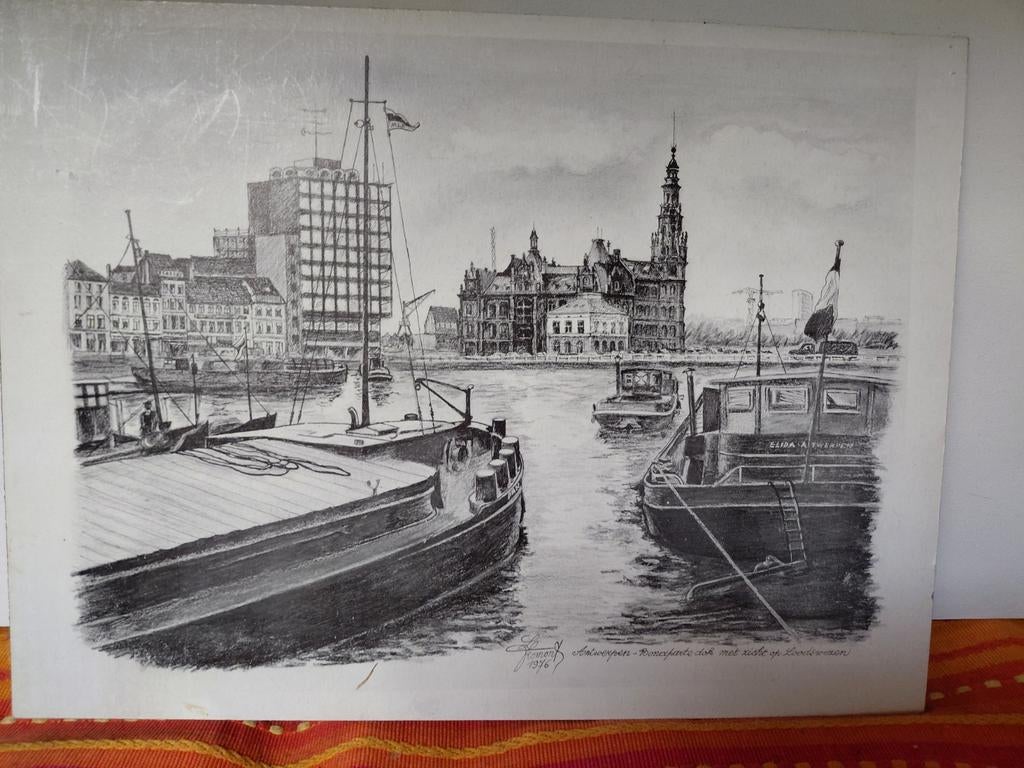 Antwerpen: Havenzicht met boten en gebouwen, Antiek en Kunst, Ophalen of Verzenden
