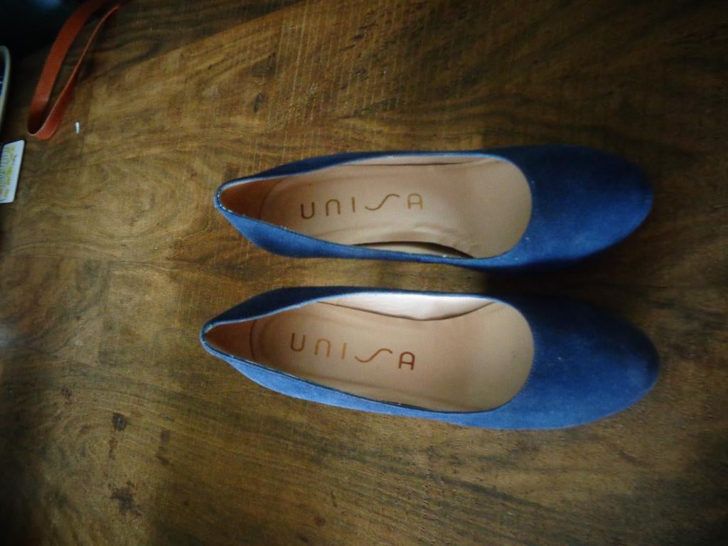 Unisa schoenen/pumps, donkerblauw suede/leer, 38, hak 9,5 cm, Schoenen met lage hakken, Blauw, Ophalen of Verzenden, Zo goed als nieuw