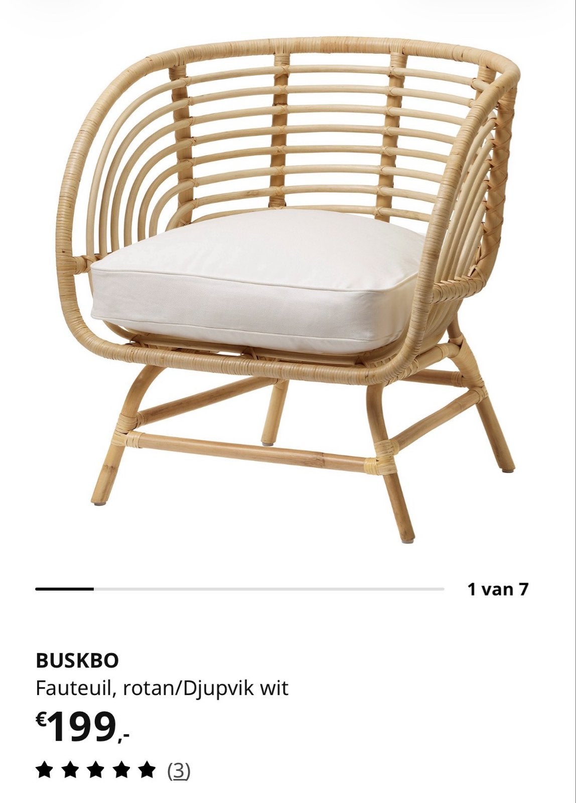IKEA BUSKBO Rotan Fauteuil met Djupvik Wit Kussen, Minder dan 75 cm, Riet of Rotan, Ophalen of Verzenden, Zo goed als nieuw