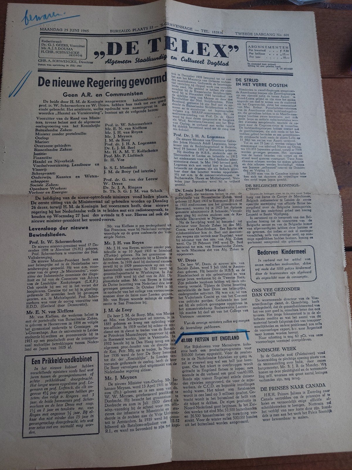 De Telegraaf - Maandag 25 Juni 1945 - Oorlogseditie, Ophalen of Verzenden, Gelezen, Krant