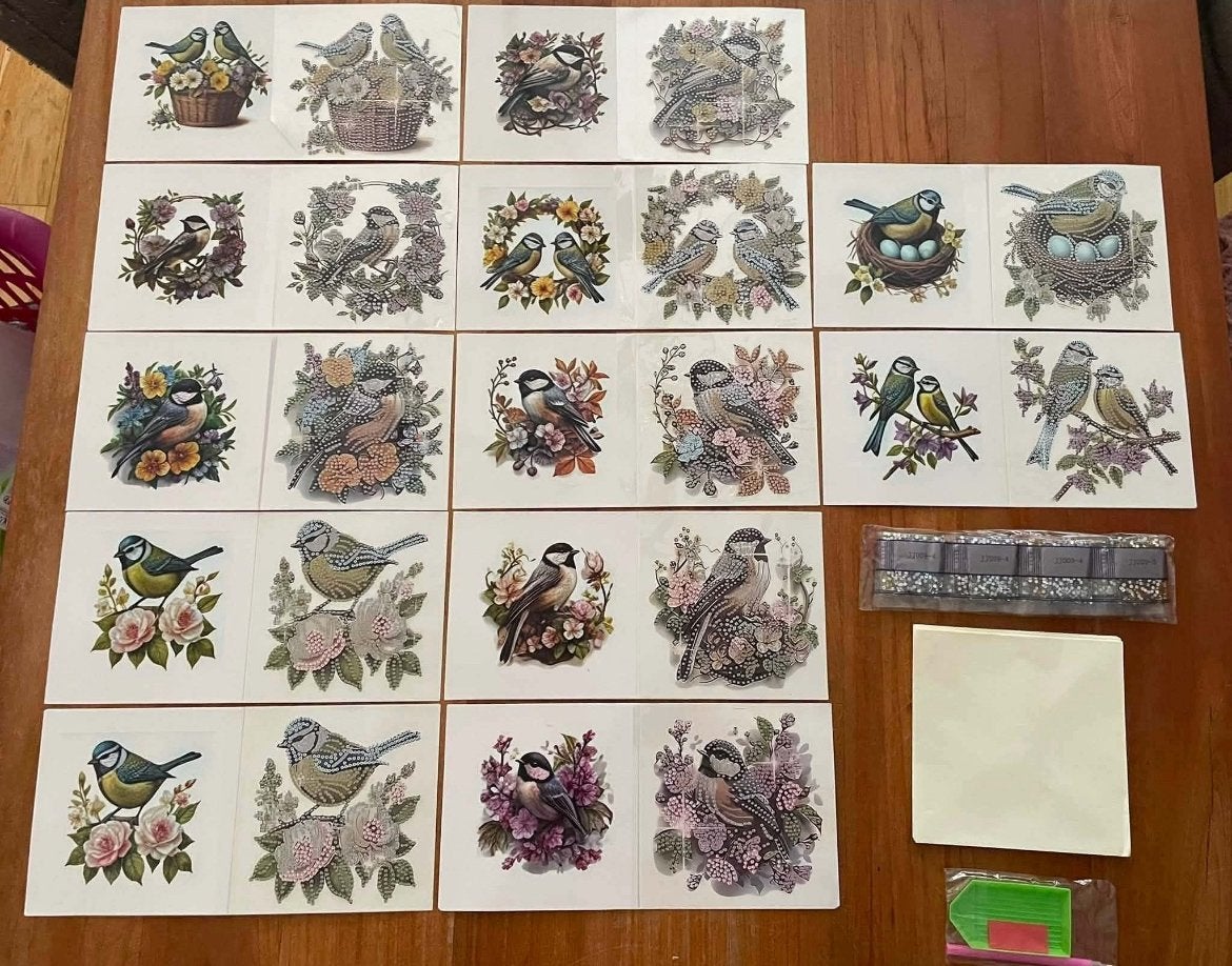 Diamond Painting: 12 Vogelkaarten met Ronde Steentjes, Ophalen of Verzenden, Nieuw, Dieren, Diamond painting