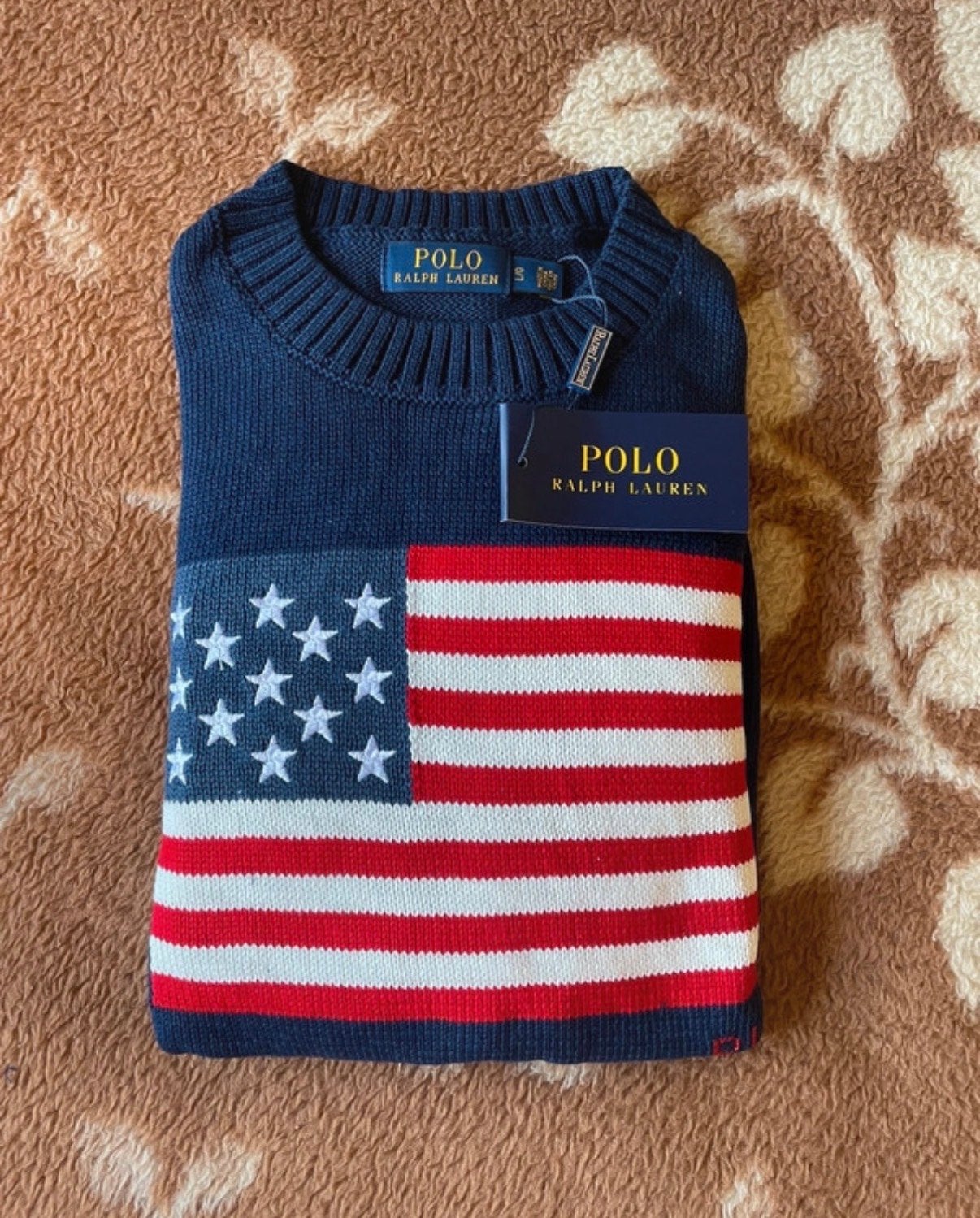 Nieuwe Polo Ralph Lauren trui met Amerikaanse vlag, Ophalen, Nieuw, Maat 42/44 (L), Blauw