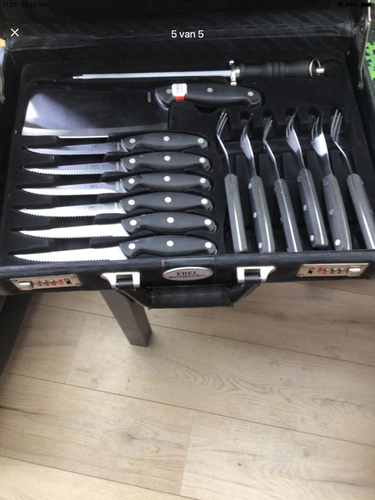 Messen set, Huis en Inrichting, Keuken | Bestek, Ophalen of Verzenden, Zo goed als nieuw, Rvs of Chroom