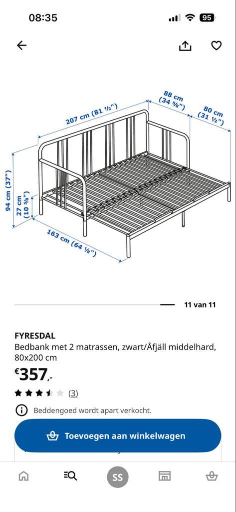 IKEA FYRESDAL Bedbank met 2 matrassen, zwart, 80x200 cm, Ophalen, Gebruikt, 70 tot 85 cm, Lattenbodem