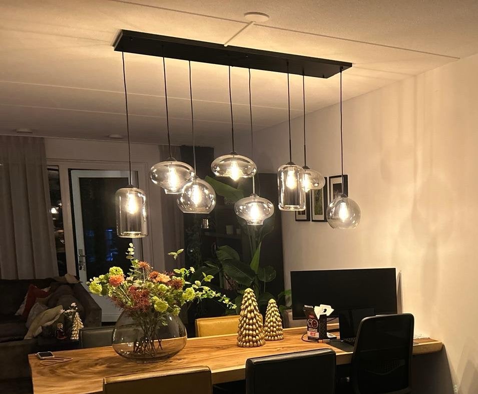 Hanglamp met glazen bollen en vloerlampen - smoke glas, Ophalen, E27 (groot), Zo goed als nieuw, Metaal