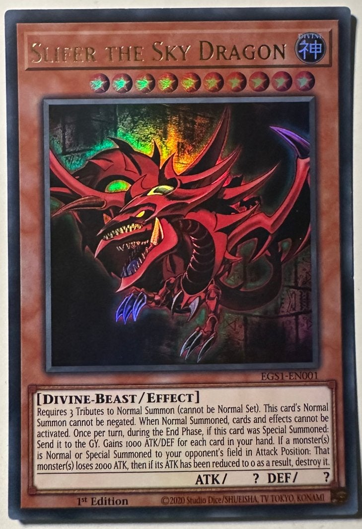 Yu-Gi-Oh! Slifer the Sky Dragon EGS1 1st Edition !, Ophalen of Verzenden, Zo goed als nieuw, Losse kaart, Foil