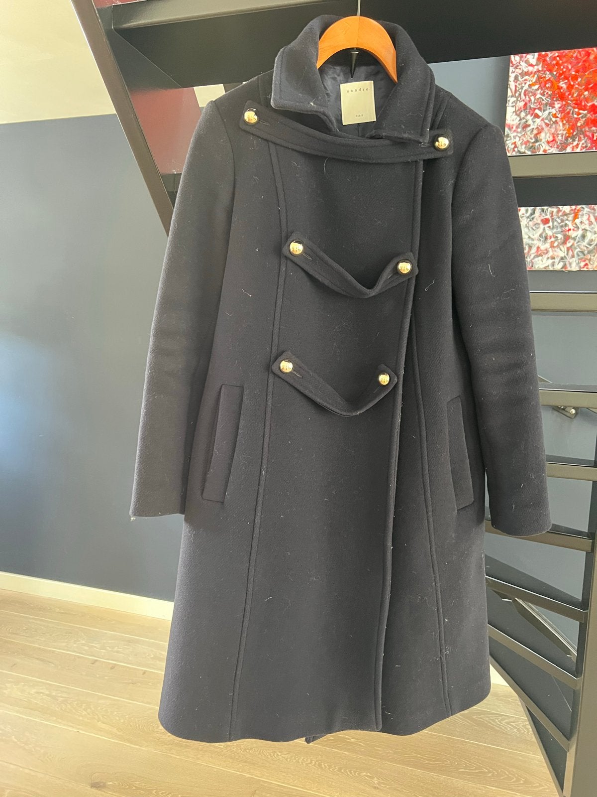 Sandro Paris Marineblauwe Wollen Jas met Gouden Knopen, Ophalen of Verzenden, Zo goed als nieuw, Maat 38/40 (M), Blauw