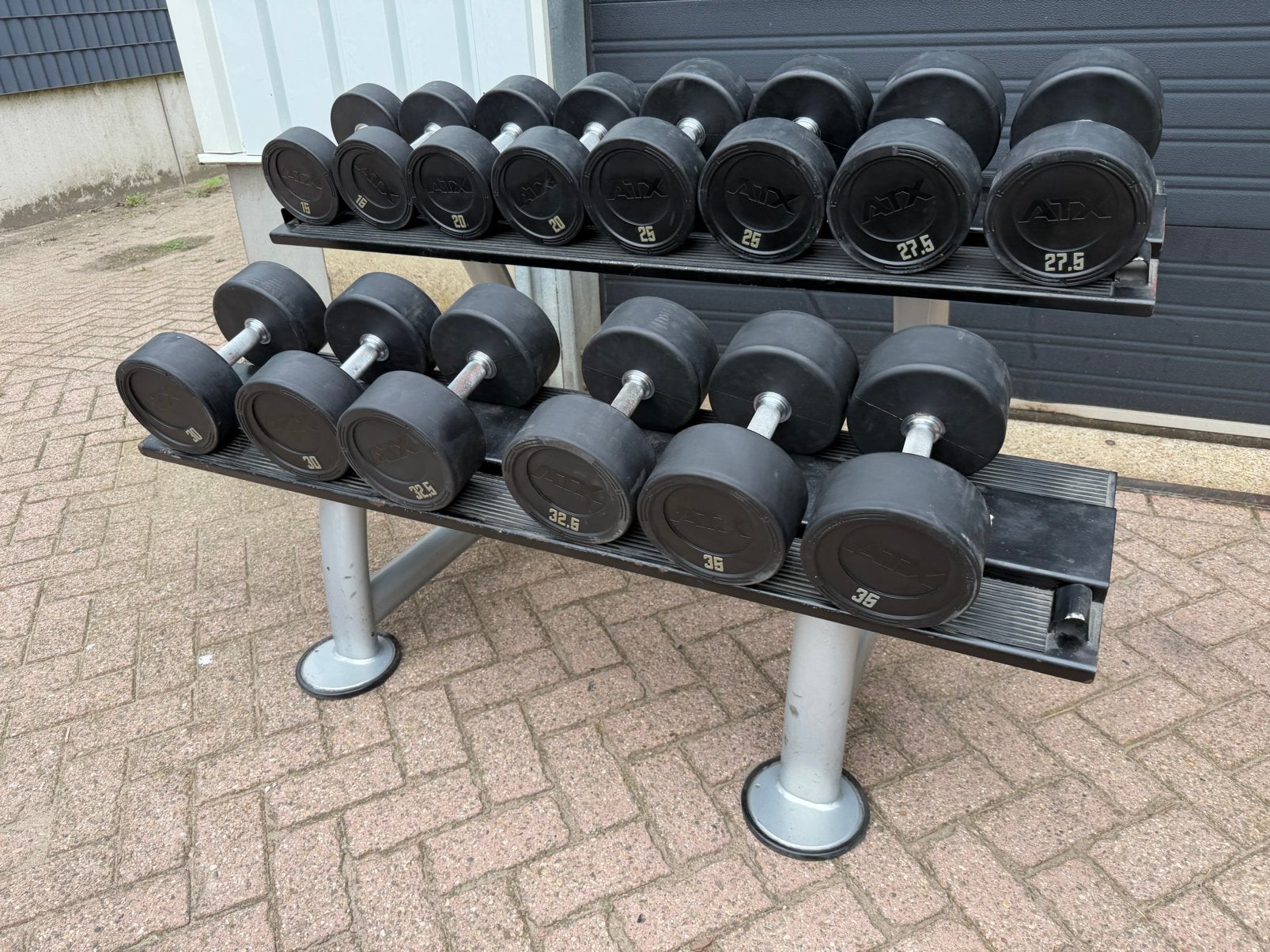 Atx Rubberen Dumbells 15kg t/m 37,5kg + Dumbells Opbergrek, Sport en Fitness, Ophalen, Gebruikt, Dumbbell