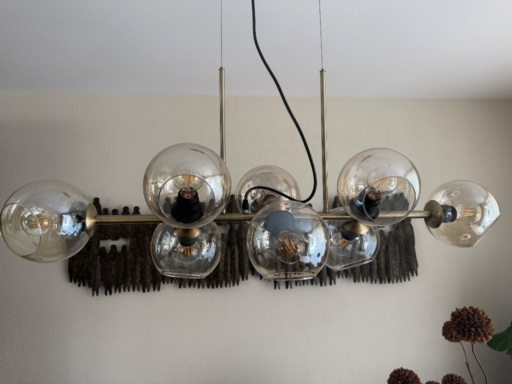 Luxe gouden hanglamp met glazen bollen, E27 fitting, Huis en Inrichting, Lampen | Hanglampen, Ophalen, E27 (groot), Zo goed als nieuw