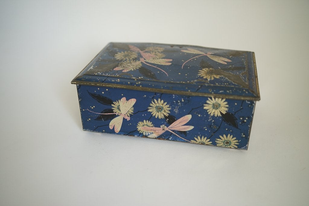 vintage metalen opbergdoos blik libel bloem goud blauw, Ophalen of Verzenden, Gebruikt, Overige