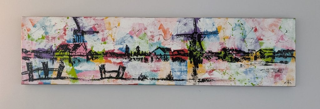 Modern schilderij "Molens in Kinderdijk" - Liz (200x50), Antiek en Kunst, Kunst | Schilderijen | Abstract, Ophalen