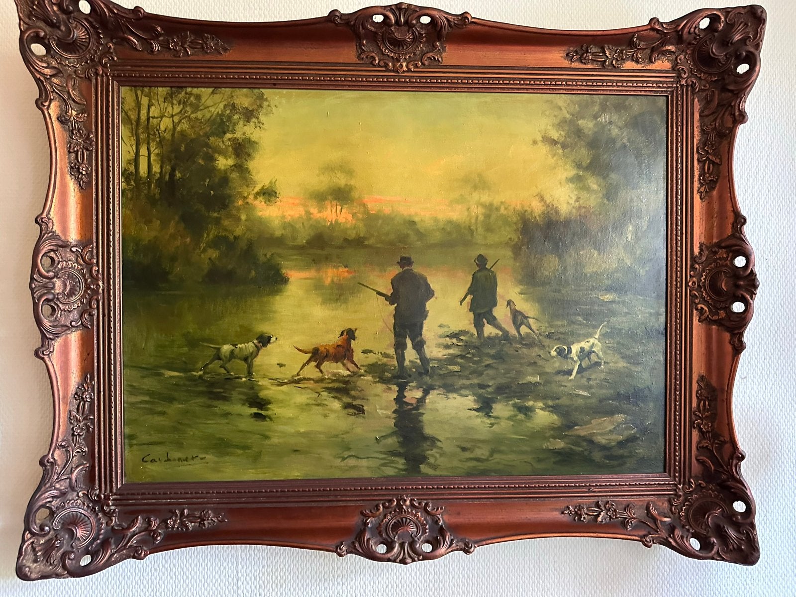 Jachttafereel met jagers en honden bij zonsondergang, Antiek en Kunst, Kunst | Schilderijen | Klassiek, Ophalen, Doek, Dieren
