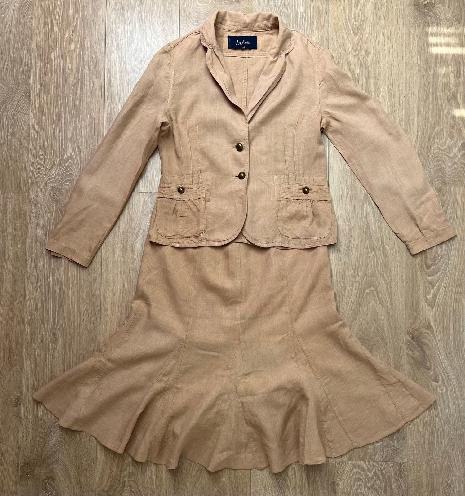Les Amies linnen set rok + blazer jasje bruin maat 40, Maat 38/40 (M), Kostuum of Pak, Bruin, Ophalen of Verzenden
