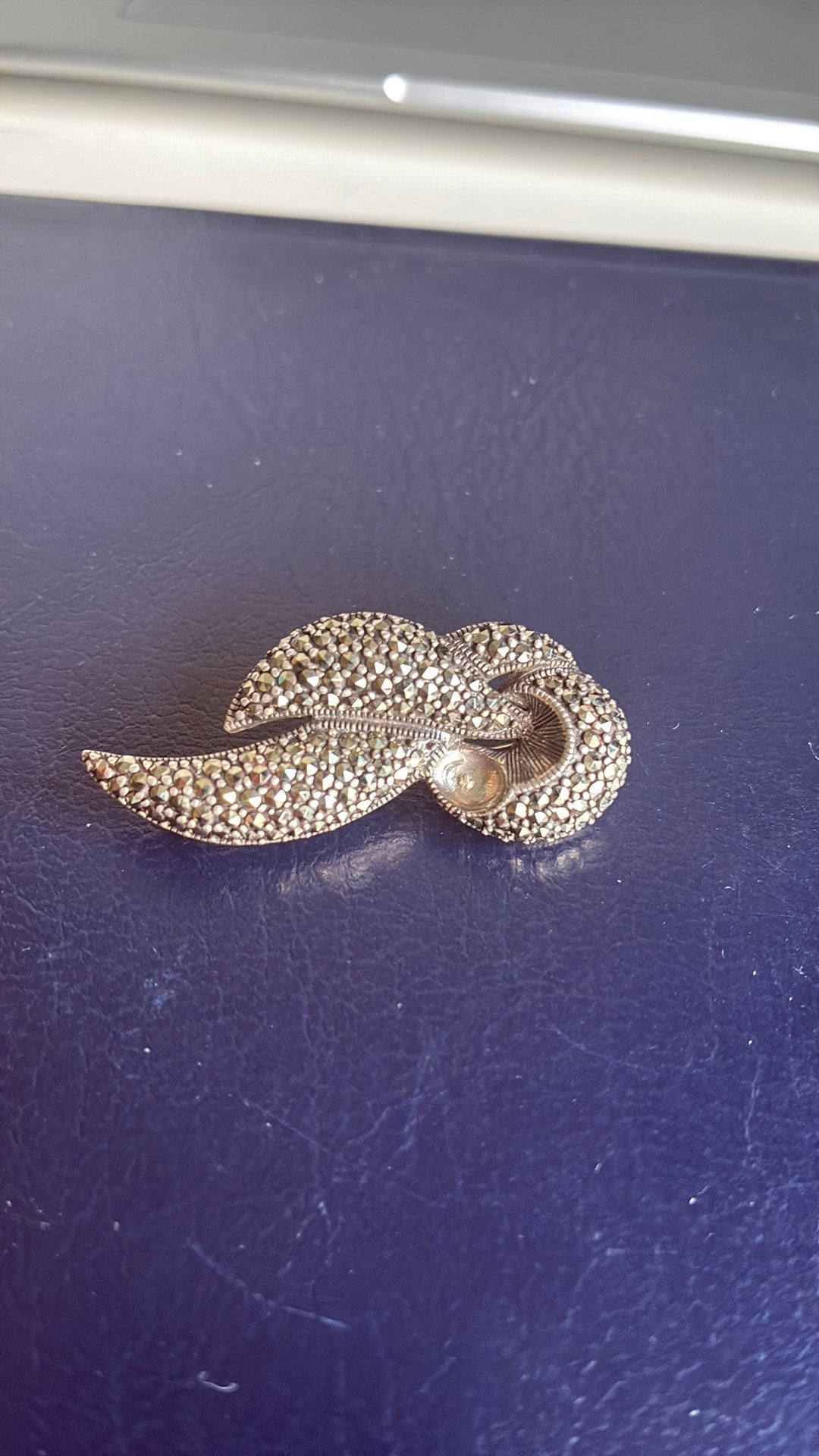 Zilver broche met markasiet, 4 tot 7 cm, Gebruikt, Ophalen of Verzenden, Zilver