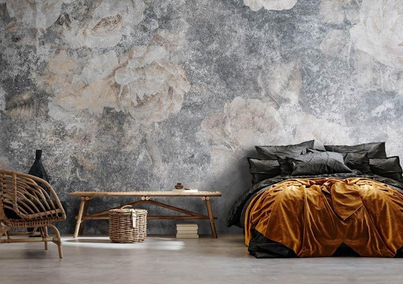 Fotobehang / Behang - Bloemen - Rozen in Betonnen Muur, Verzenden, Minder dan 10 m², Info@fotobehangkoning.nl, Grijs