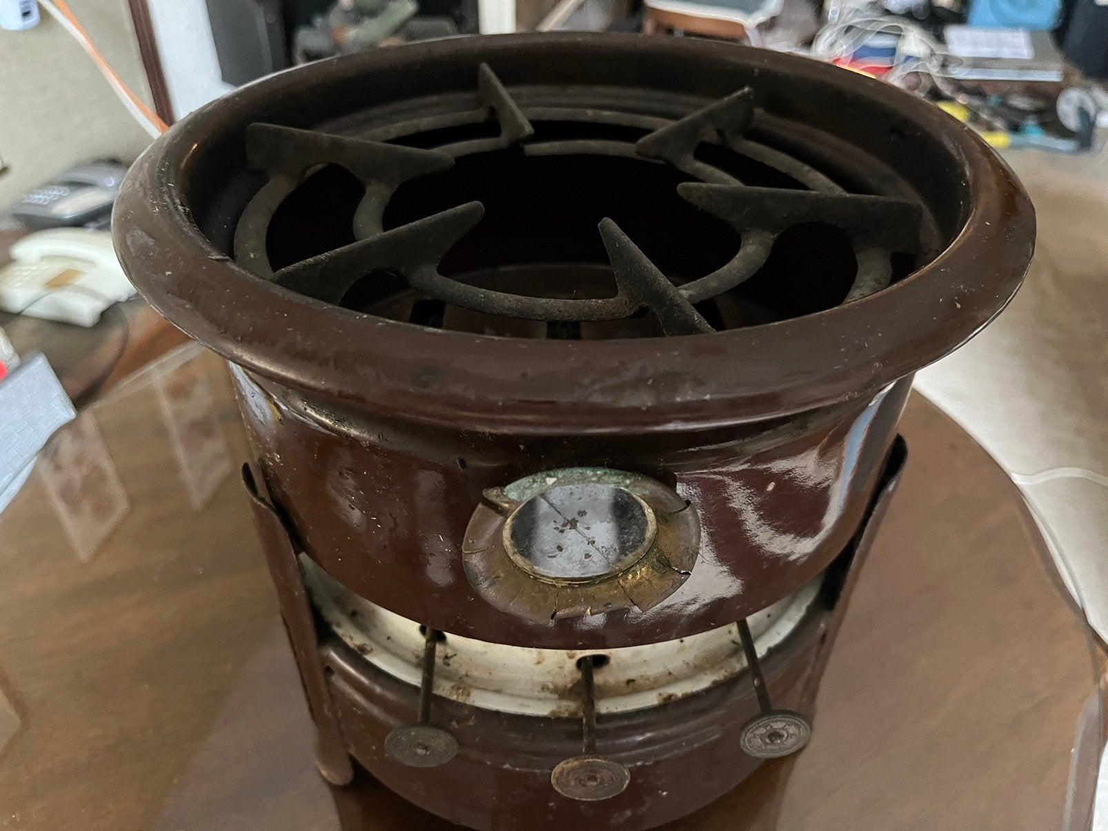 Vintage Petroleumstel 3 Pits Emaille Bruin, Ophalen