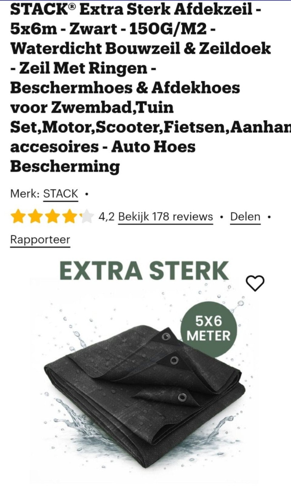 STACK Extra Sterk Afdekzeil 5x6m Zwart 150G/M2, Ophalen, Zo goed als nieuw, 15 m² of meer, Zeil